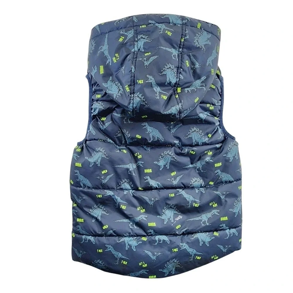 H&M Boys 6X/7 Navy Blue Dinosaur Puffer Vest Hooded Zip Up Jurassic Gorpcore Kid